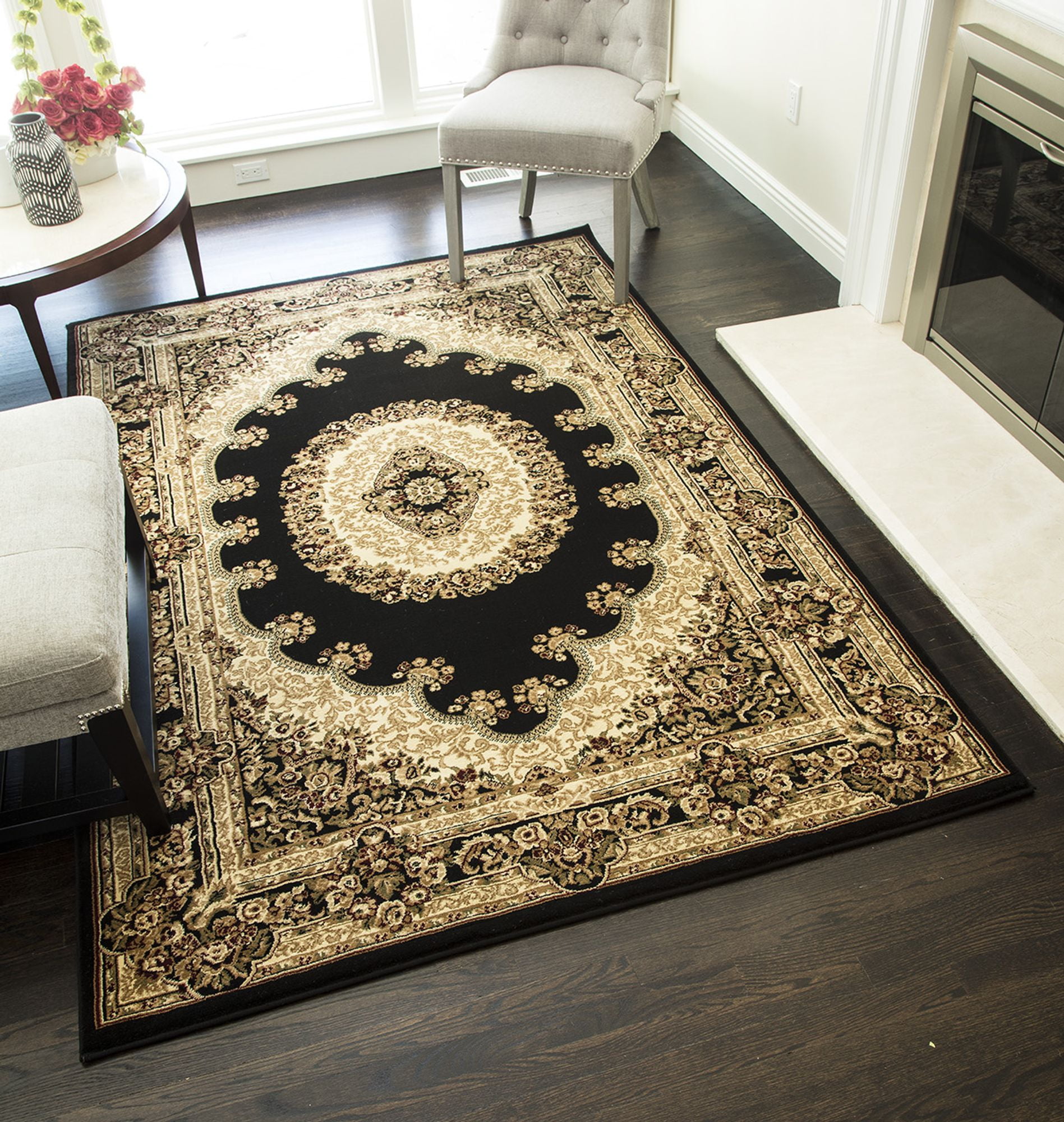 Kerman Black 5' x 7' Oriental Wool and Synthetic Rug