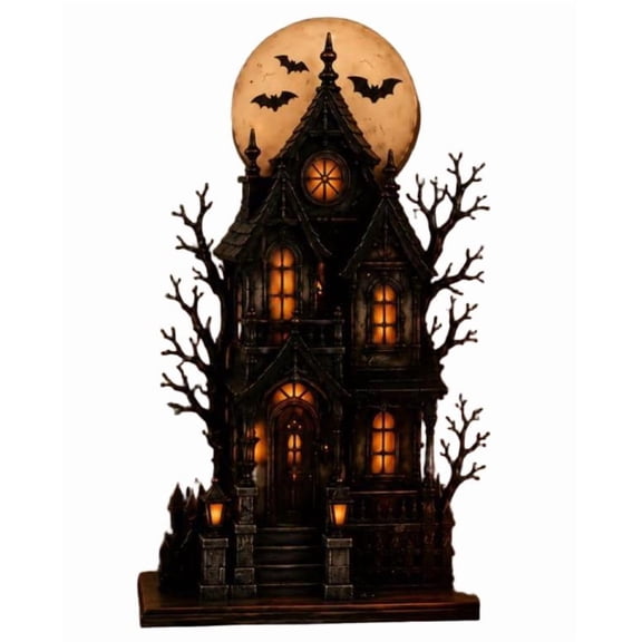 New Warm Lighted Haunted House Lighted Halloween Haunted House, Flying Bats & Glowing Moon Backdrop, Adds Depth to Seasonal Arrangements