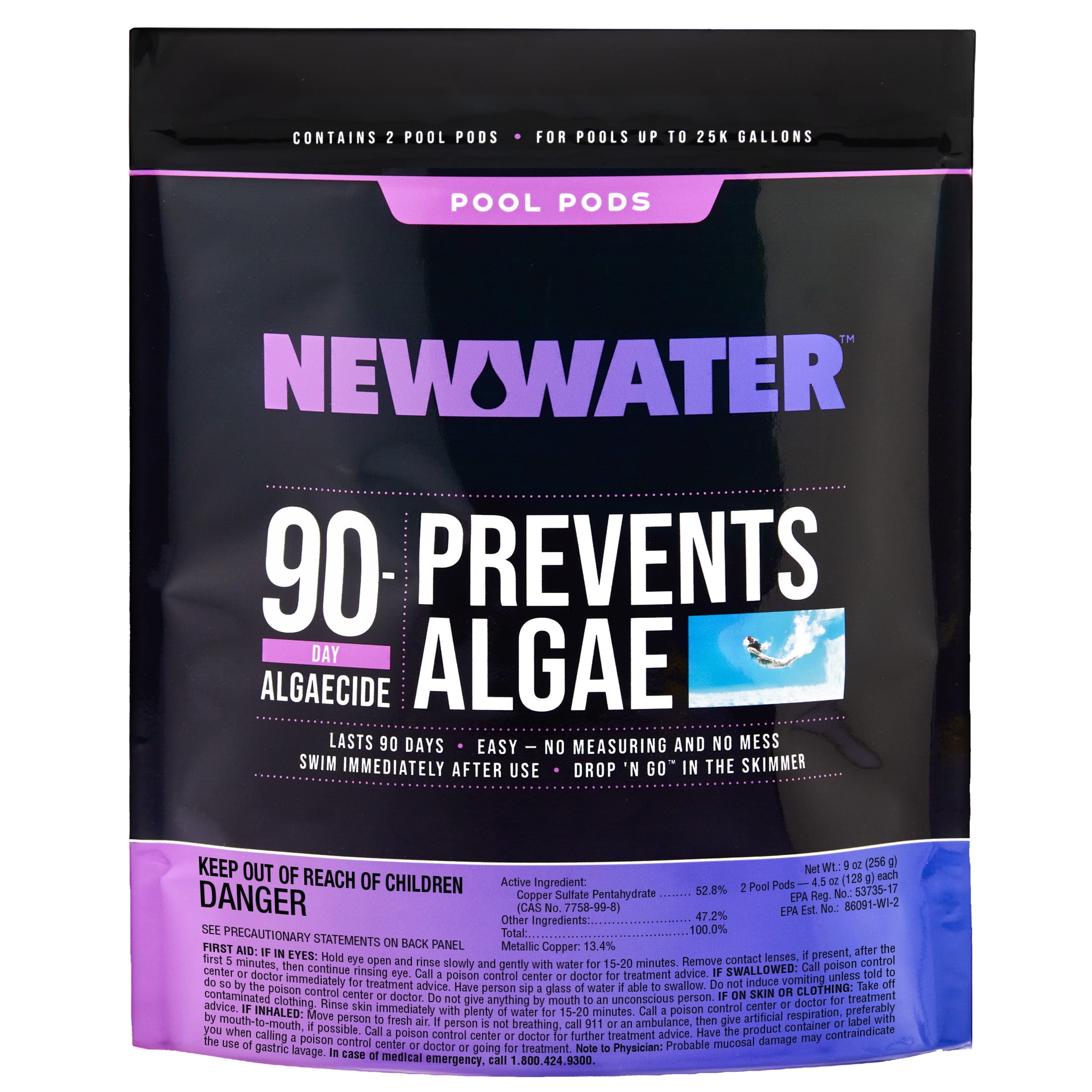 New Water 90-Day Algaecide Pool Pods — Dry Concentrated Algae Prevention, 2-Pack