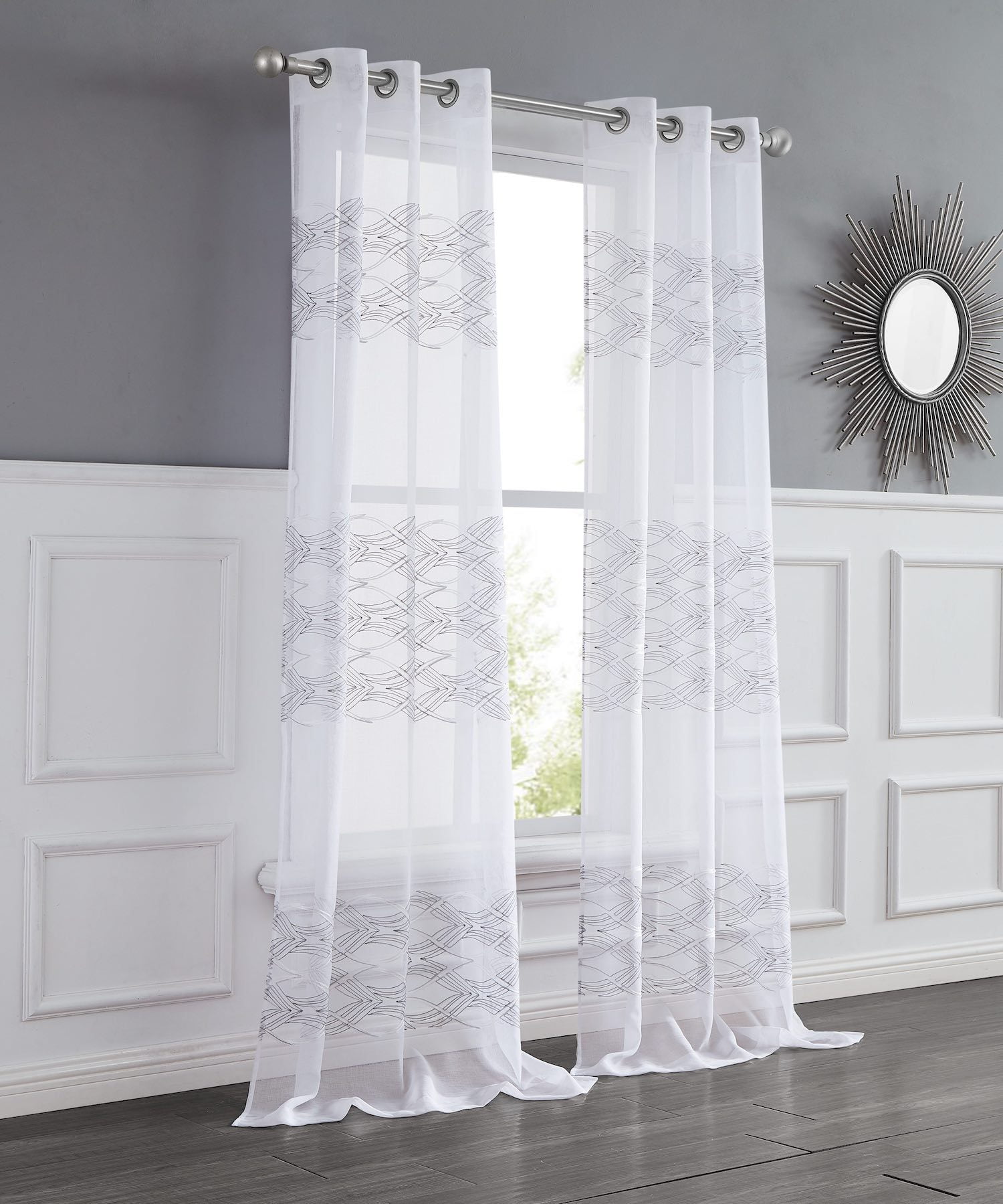 New Wave Linen Look Wave Design Striped 76" x 84" Window Panel Pair in Silver and White