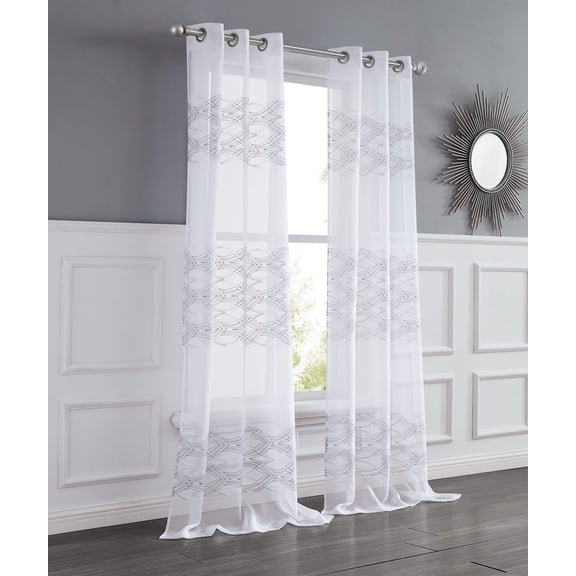 New Wave Linen Look Wave Design Striped 76" x 84" Window Panel Pair in Silver and White