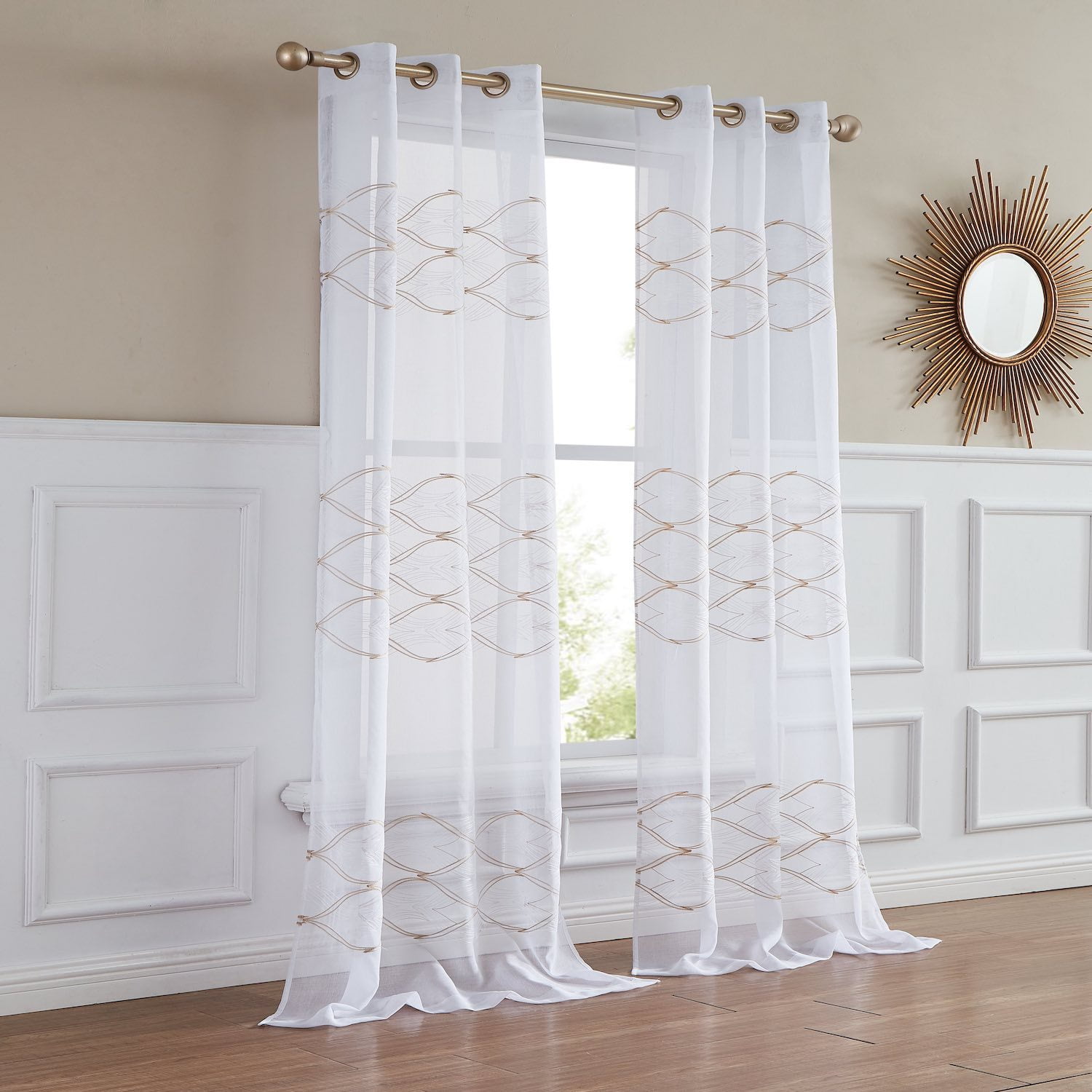 New Wave Linen Look Wave Design Striped 76" x 96" Window Panel Pair in White and Gold