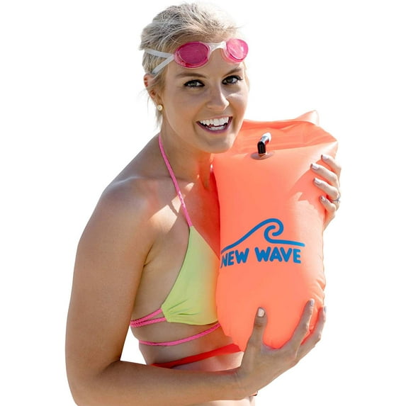 New Wave Swim Buoy - Swim Safety Float and Drybag for Open Water Swimmers, Triathletes, Kayakers and Snorkelers, Highly Visible Buoy Float for Safe Swim Training (Orange PVC Medium 15L)