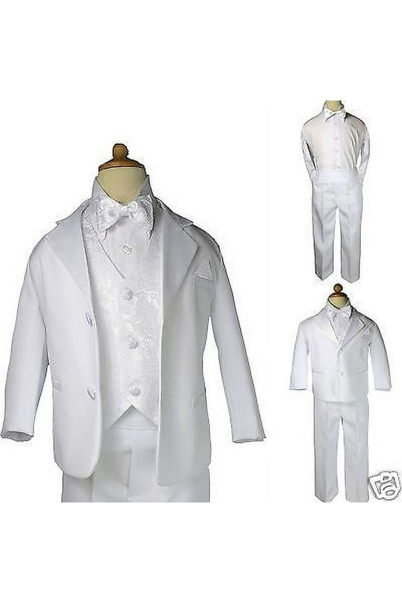New White Kid Child 5pc Set Baptism Formal Wedding Party Boy Suit Tuxedo sz 5-12
