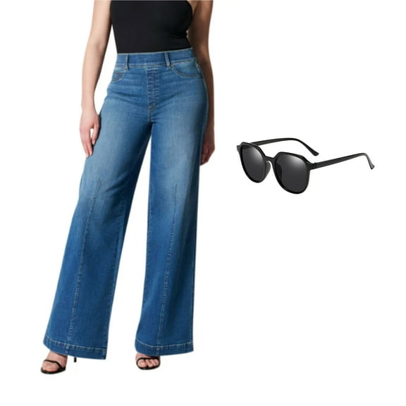 New Wide Leg Jeans For Women Seamed Front Wide Leg Jeans Solid Color Casual Fashion Trousers（with Sunglasses）