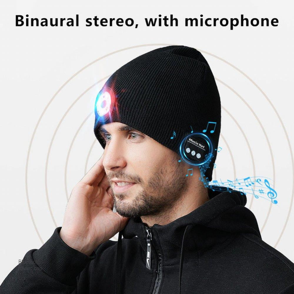 New Winter Bluetooth Beanie Hat with Light Built in LED and Stereo Speaker Mic Unisex Hi tech Caps with USB Rechargeable and Wireless Headsets Cap