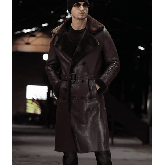 New Winter Fashion Men's Long Maxi Coat Genuine Sheepskin Leather Shearling Jacket for Male Thick Warm Wool Lining Black Brown Plus Oversize XXXXXXL 5XL 6XL,Wine,XL
