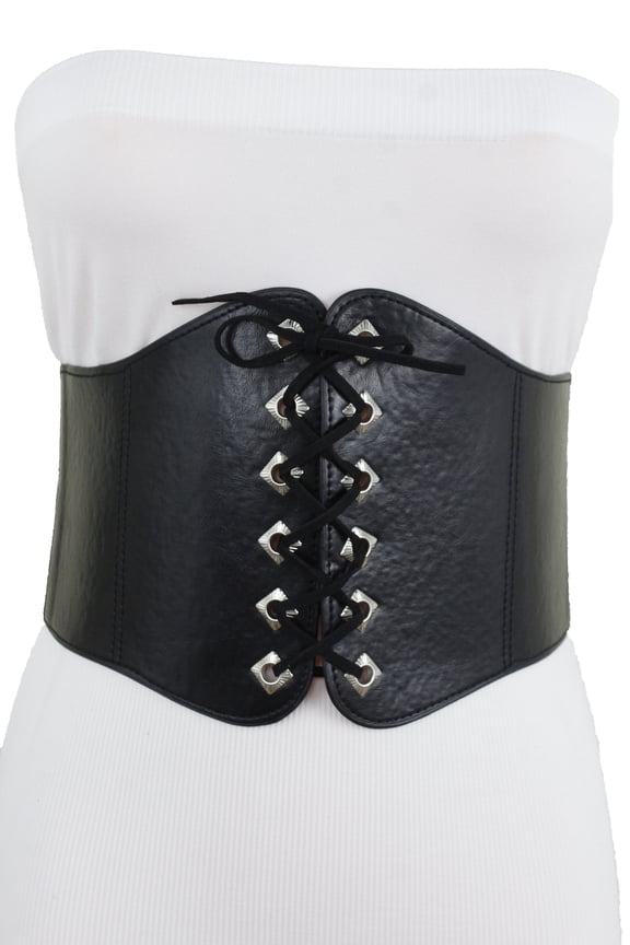 New Women Black Faux Leather Wide Elastic Waistband Corset Belt Size S M
