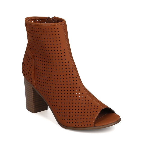 New Women Breckelles Amber-32 Nubuck Peep Toe Perforated Chunky Heel Bootie