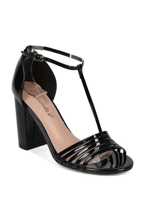 New Women Breckelles Aniston-17 Patent PU Open Toe T-Strap Block Heel Sandal