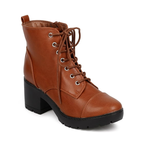 New Women Breckelles Avery-12 Leatherette Cap Toe Block Heel Lace Up Combat Boot