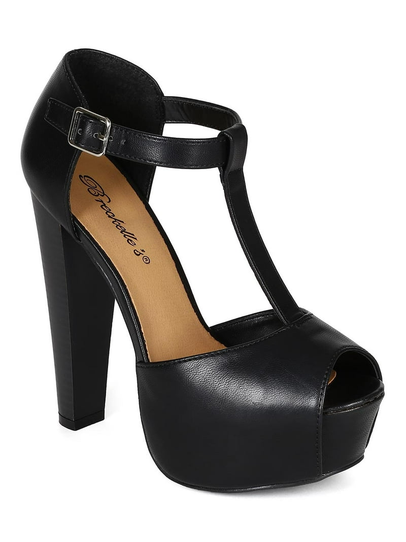 New Women Breckelles Brina-21 PU Peep Toe T-Strap Platform Chunky
