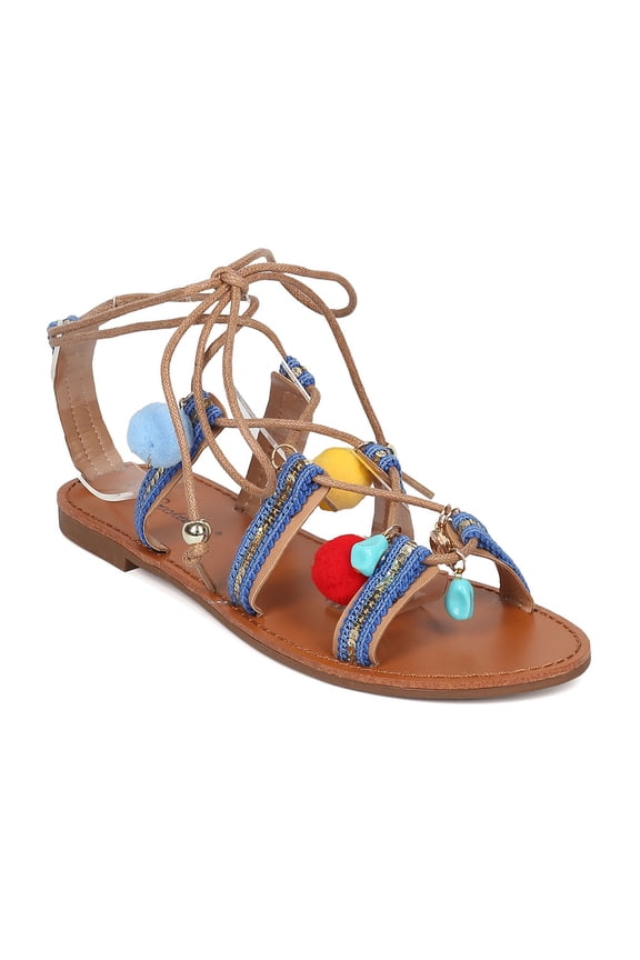 New Women Breckelles Kylee-22 Dangling Charms and Pom Pom Gladiator Sandal