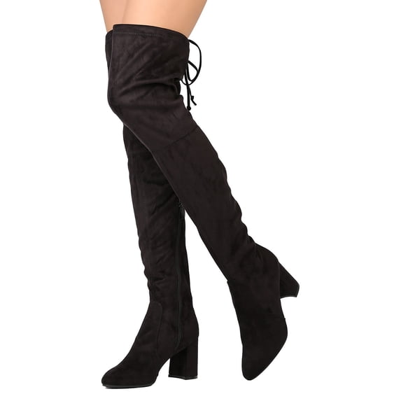 New Women Breckelles Vanesa-36 Faux Suede Thigh High Drawstring Chunky Heel Boot