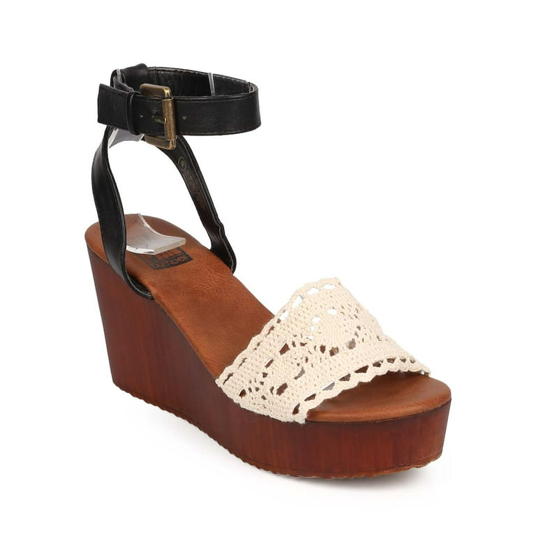 New Women Bumper Delilah-01 Mix Media Peep Toe Crochet Wooden  