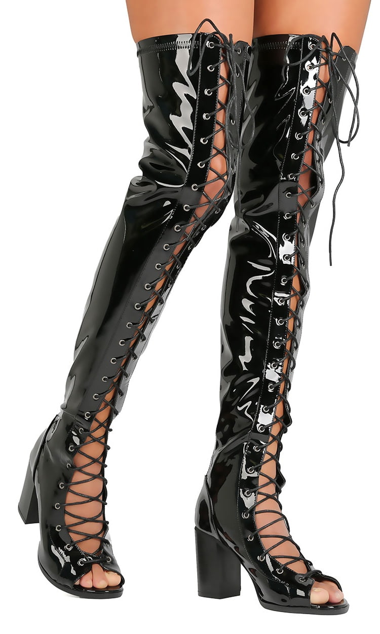 New Women Cape Robbin Abril-1 Patent PU Thigh High Lace Up Chunky Heel Boot