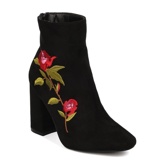 New Women Cape Robbin Betisa-38 Faux Suede Embroidered Flowers Block Heel Bootie
