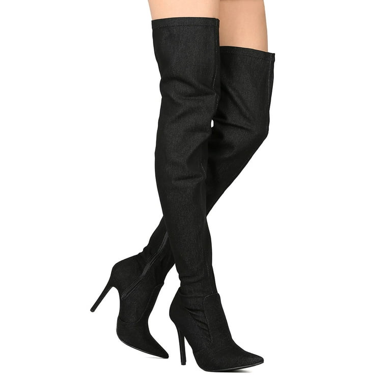 Black denim thigh high boots hotsell