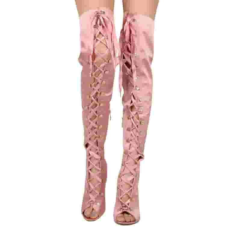 【PORTERNA】Koiche open toe boots New Women Cape Robbin Olga-26 Satin Thigh High Peep Toe Lace