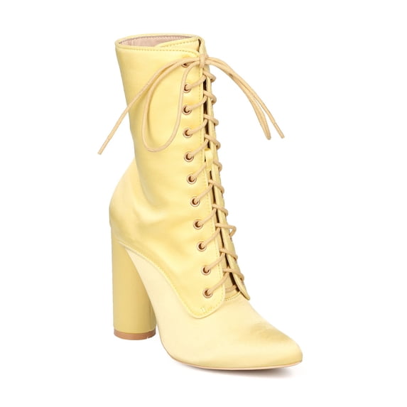 New Women Cape Robbin Paw-50 Satin Pointy Toe Lace Up Round Chunky Heel
