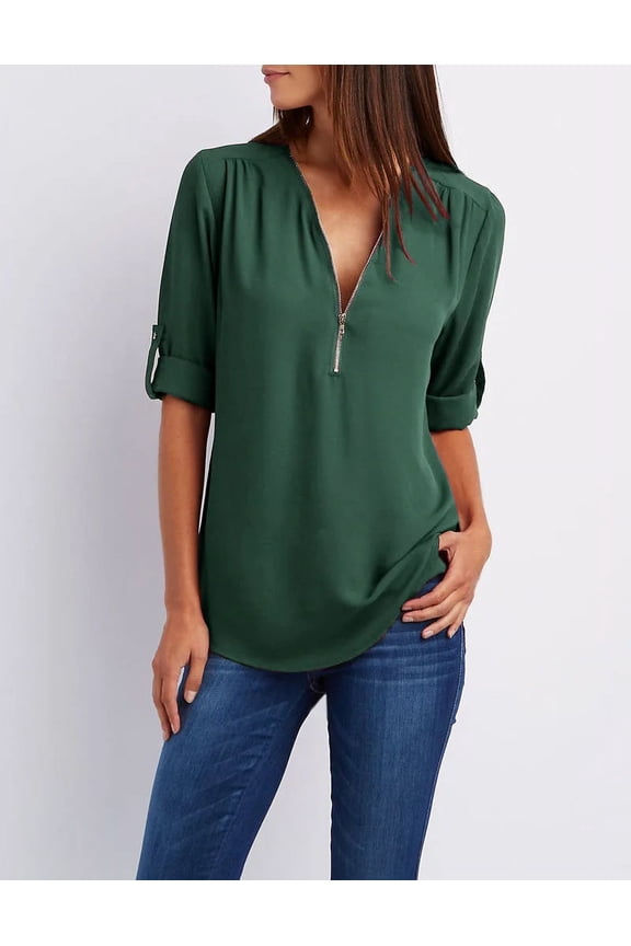New Women Cool Loose Shirt Deep V Neck Chiffon Fashion Blouse Casual Ladies Tops Sexy Zipper Pullover