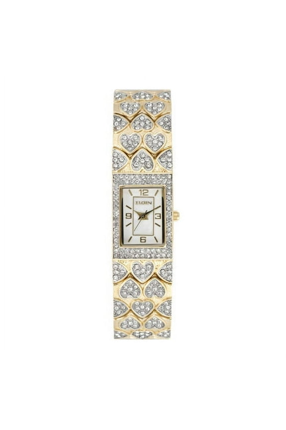 New Women Elgin Luxury Gold Tone Iced Out Stainless Steel Hearts Bracelet Watch eg8012s