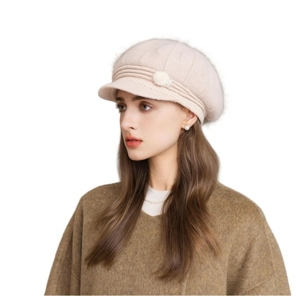 New Women Fashion Winter Hat With Brim Plush Lined Dandy Hats For Women Fuax Rabbit Fur Casual Blend Streetwear Knitted Cap