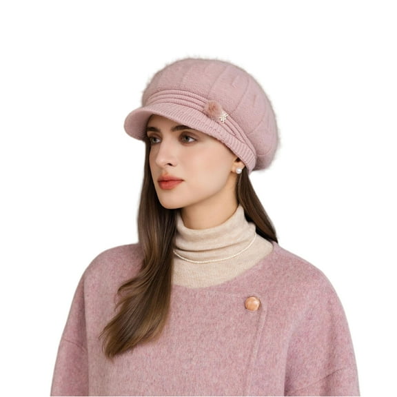 New Women Fashion Winter Hat With Brim Plush Lined Dandy Hats For Women Fuax Rabbit Fur Casual Blend Streetwear Knitted Cap