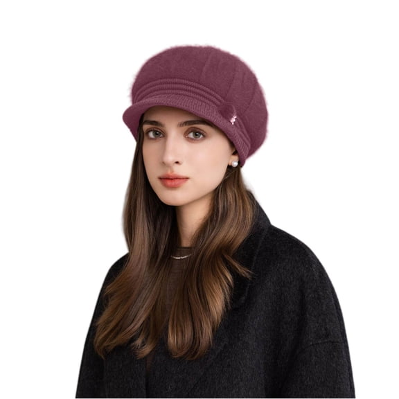 New Women Fashion Winter Hat With Brim Plush Lined Dandy Hats For Women Fuax Rabbit Fur Casual Blend Streetwear Knitted Cap