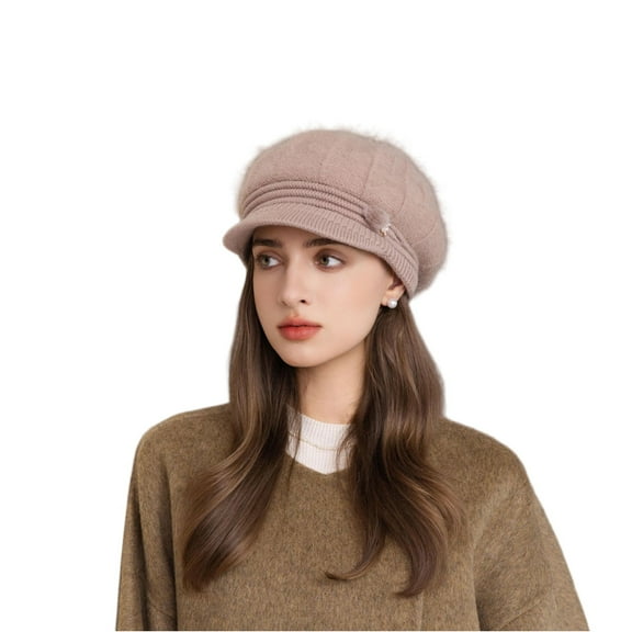 New Women Fashion Winter Hat With Brim Plush Lined Dandy Hats For Women Fuax Rabbit Fur Casual Blend Streetwear Knitted Cap