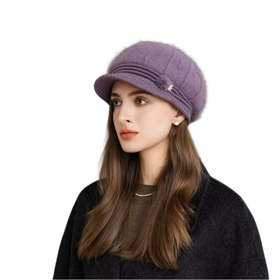 New Women Fashion Winter Hat With Brim Plush Lined Dandy Hats For Women Fuax Rabbit Fur Casual Blend Streetwear Knitted Cap