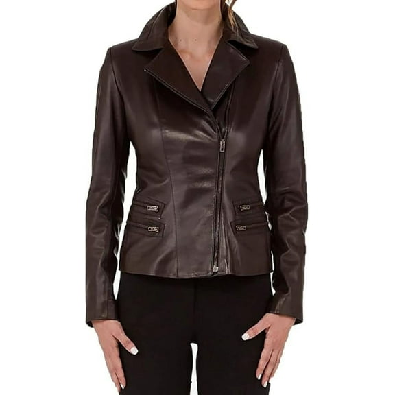 New Women Genuine Lambskin Real Dark brown Leather Jacket Ladies Slim Fit Biker Coat W109