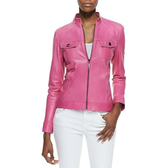 New Women Genuine Pink Lambskin Real Leather Jacket Ladies Slim Fit Biker Coat W317
