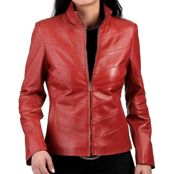New Women Genuine Red Lambskin Real Leather Jacket Ladies Slim Fit Biker Coat W694