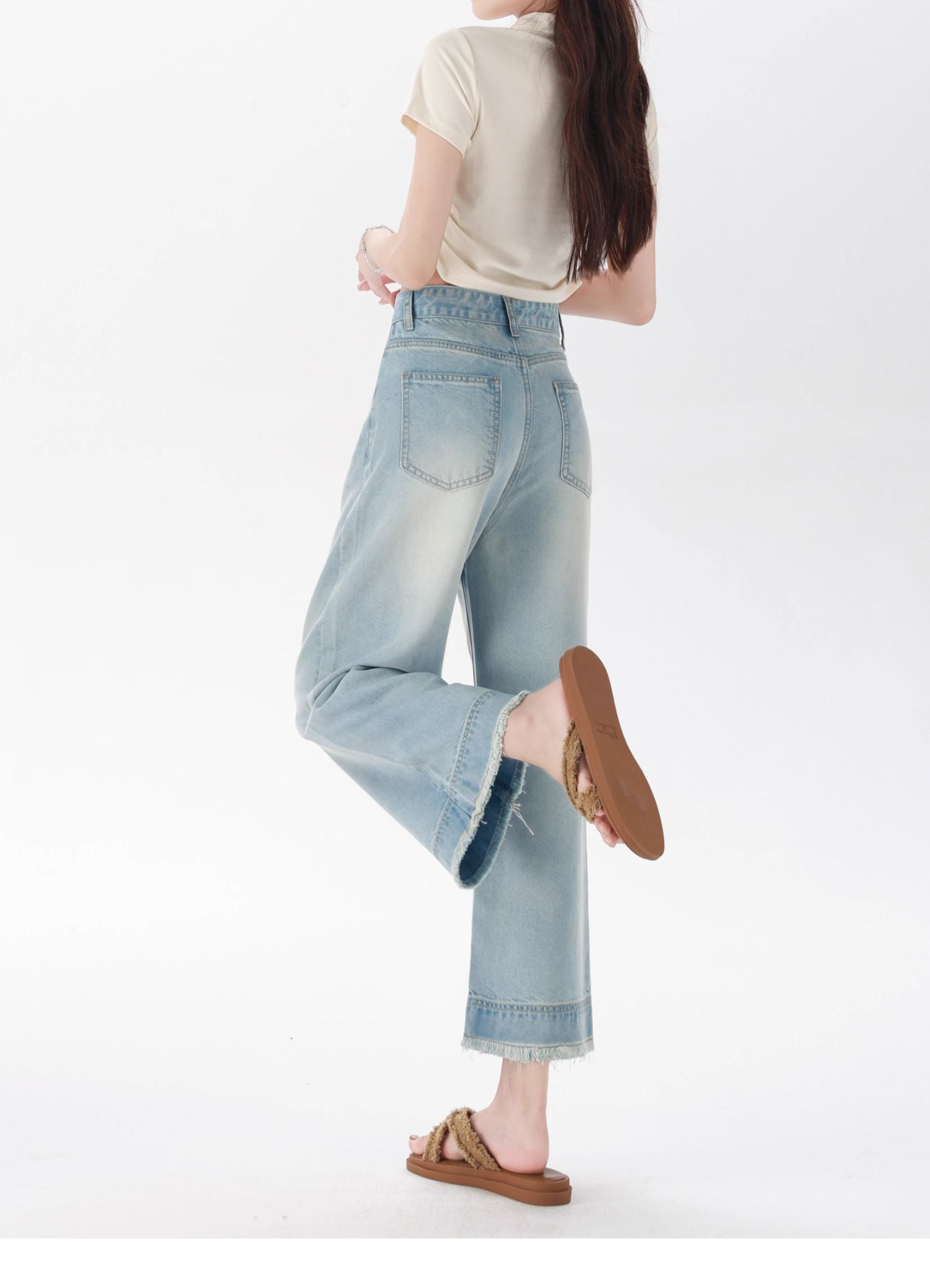 NOBRAND New Women High Waisted Cropped Wide Leg Tencel Jeans Summer Thin Loose Fit Raw Hem Denim Pants Petite Friendly Ice Silk Style