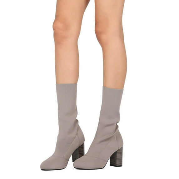 New Women Indulge Sophie-I Knitted Fabric Mid Calf Block Heel Sock Boot