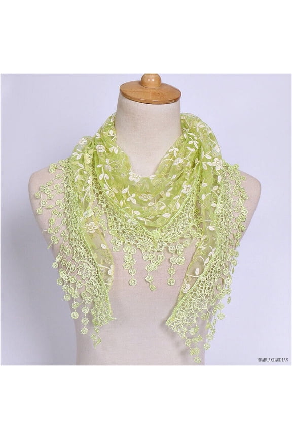 New Women Lace Tassel Sheer Metallic Burnt-Out Floral Print Triangle Scarf Shawl
