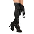 thumbnail image 1 of New Women Liliana Opus-1B Satin Thigh High Peep Toe Lace Up Stiletto Boot, 1 of 3
