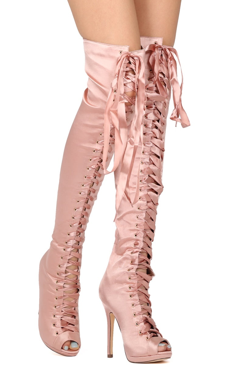 Pink satin thigh top high boots