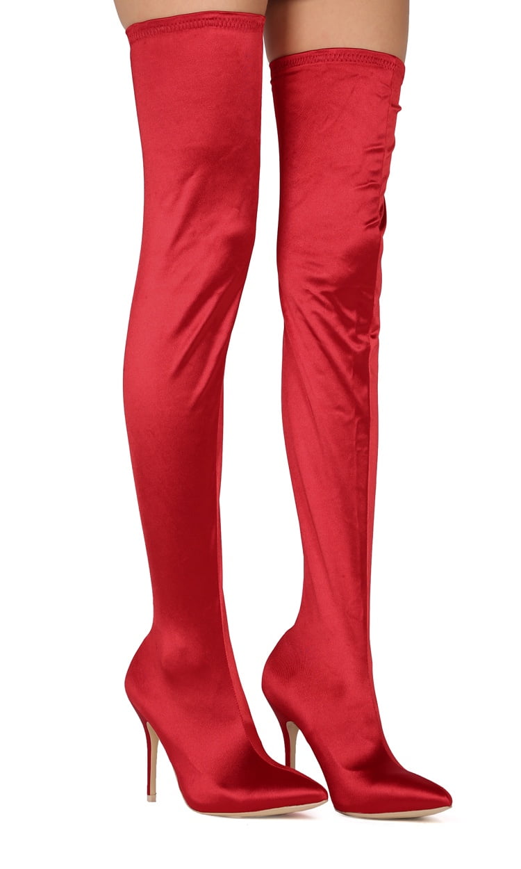 Red satin thigh high boots best sale