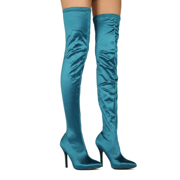 New Women Mackin J 142-5 Satin Thigh High Pointy Toe Stiletto Stocking Boot
