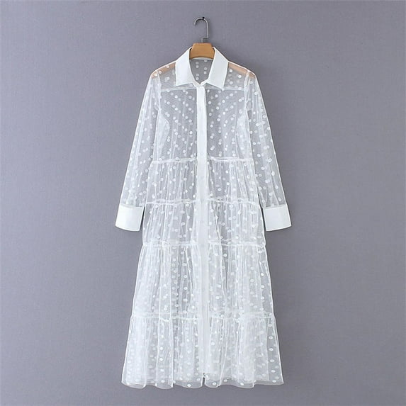 New Women Mesh Sheer Transparent Polka Dot Lace Cover up V Neck Button Down Maxi Dress See-through Party Clubwear Beach Dress