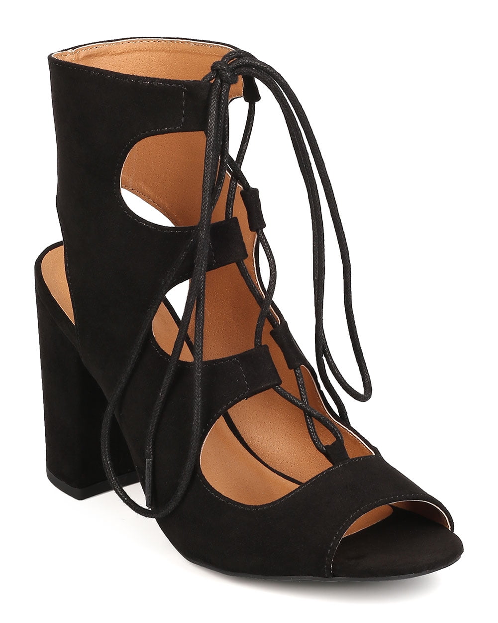 New Women Qupid Chester11 Faux Suede Peep Toe Lace up Chunky Heel