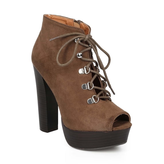 New Women Qupid Enclose-89 Suede Peep Toe Chunky Heel Platform Zip Bootie
