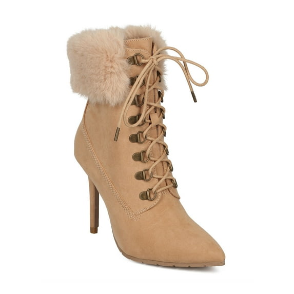 New Women Qupid Scorpio-05 Faux Suede Corset Lace Up Faux Fur Trim Stiletto Boot