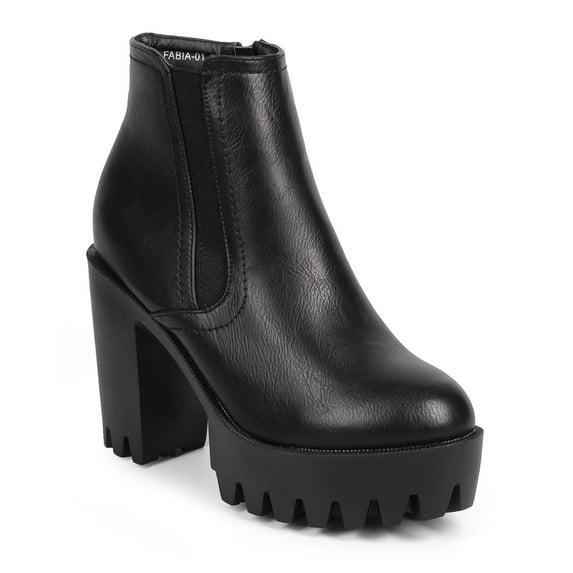 New Women Refresh Fabia-01 Leatherette Almond Toe Block Heel Lug Chelsea Bootie