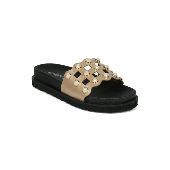New Women Refresh Purdy-01 Leatherette Faux Pearl Studded Caged Footbed Slide