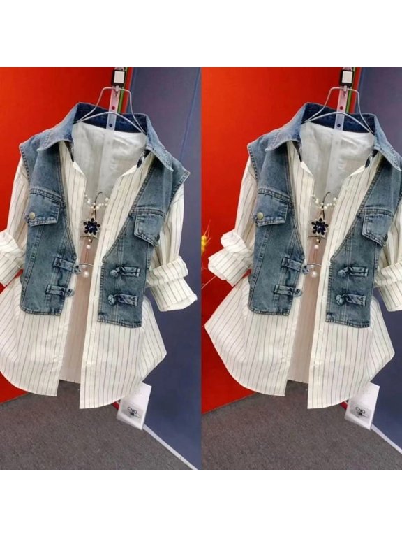New Women'S Casual And Fashionable Patchwork Striped Top Shirt Jacket Plus Size