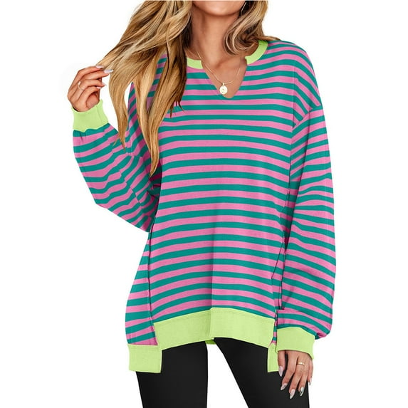 New Women'S Fall Winter Colorful Striped V-Neck Loose Athletic Sweatshirt For Market. Perfect For Casual Style And Comfort.