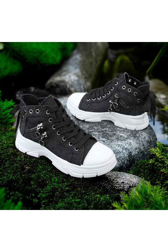 New Women'S High-Top Casual Sports Ankle Boots for Spring And Autumn, Featuring a Stylish Minimalist Design with Side Zipper Decoration, Lightweight Comfort, And Thick Sole for Added Height